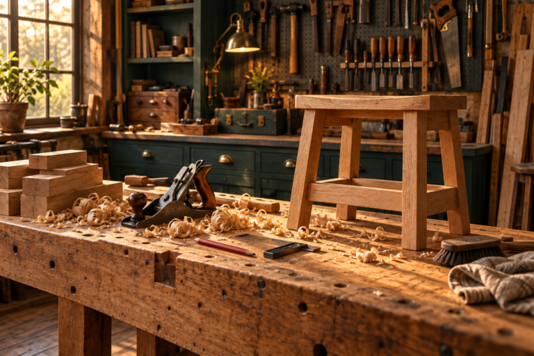 Oak stool, hand plane and wood shavings on a sunlit woodworking bench
