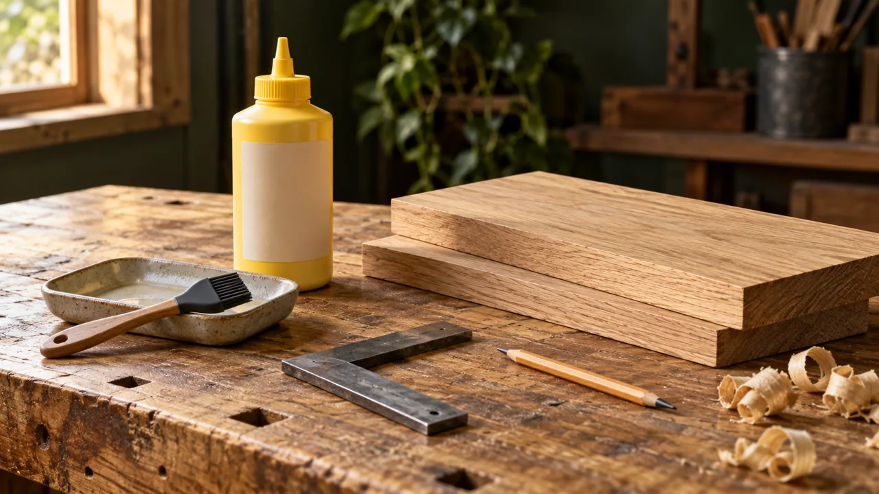 Wood glue, a silicone brush, a square and oak boards arranged on a workshop bench before assembly.