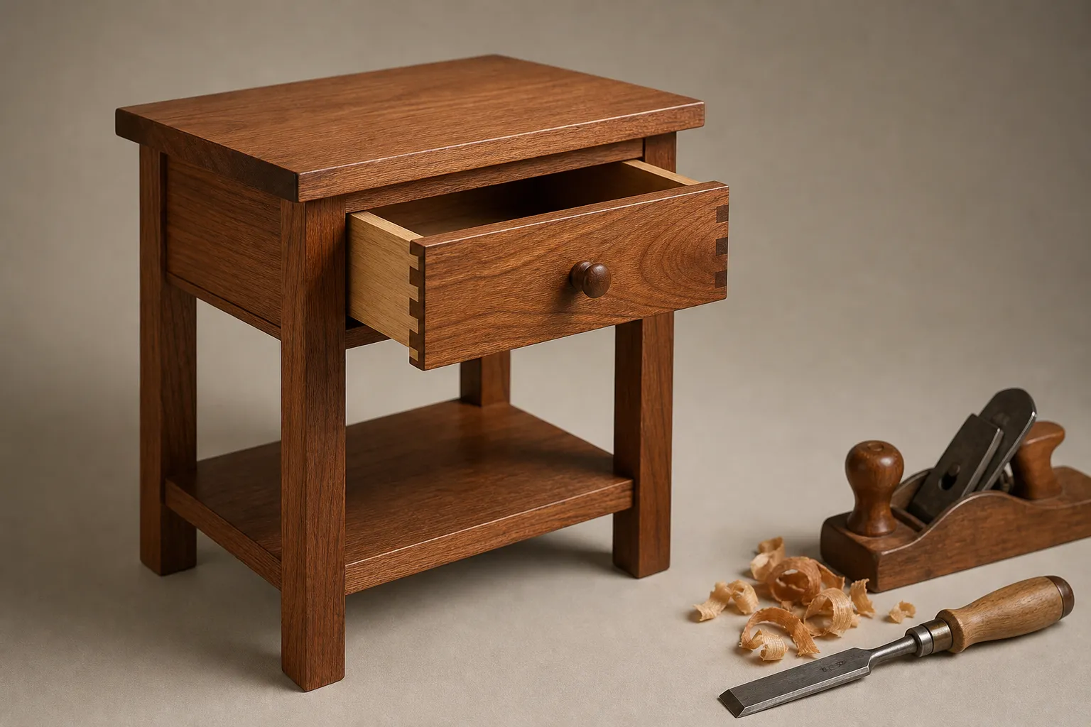 Conceptual side table illustration with a partly open drawer and visible box-joint details.