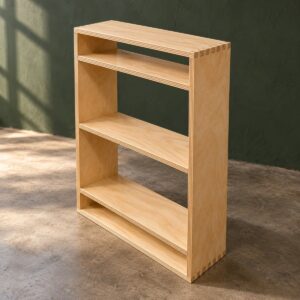 Box-joint shelf cabinet with three housed shelves — illustrative project visualization