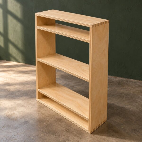 Box-joint shelf cabinet with three housed shelves — illustrative project visualization