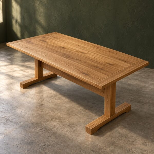 Oak trestle dining table with breadboard ends — illustrative project visualization